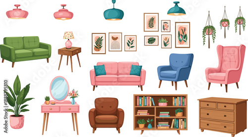 Illustrated Home Furniture and Decor Collection Featuring Sofas, Lamps, Plants, Wall Art, and Storage for Interior Design and Styling Inspiration