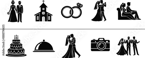 MobileBlack, silhouettes, of, wedding, icons, including, bride, groom, church, rings, cake, and, romantic, couples, isolated, on, white, background, for, marriage, ceremony, and, event, design.