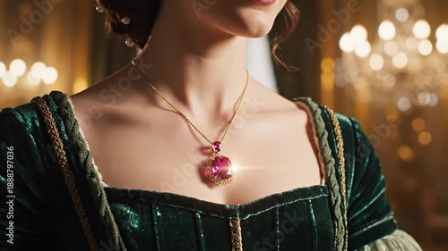 Elegant Noblewoman Wears Ornate Ruby Pendant Necklace