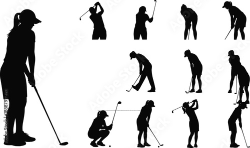 Female golfer silhouette set, women playing golf, professional lady athlete swinging club, putting ball, sport character poses, outdoor leisure activities, vector illustration collection.