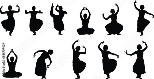 Indian classical dance silhouettes set, Bharatnatyam and Odissi dancer figures in traditional poses, ethnic cultural performance, artistic mudras, spiritual folk dance vector, isolated