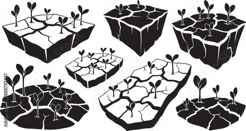 Small plants growing in cracked dry earth blocks illustration