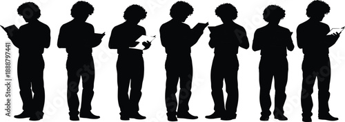Man reading book silhouette set, male student holding paper document, standing person vector illustration, educational character collection, isolated group people reading, literacy.