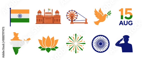 Set of 10 icons representing India Independence Day symbols   