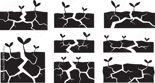 Small plants growing in cracked dry earth illustration set