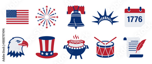 Set of 10 icons on the topic of US Independence Day in red and blue  