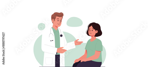 Professional male doctor providing a medical consultation to a female patient in his office, using a laptop to explain the diagnosis or treatment.