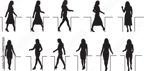 Silhouettes of women in various walking poses and outfits
