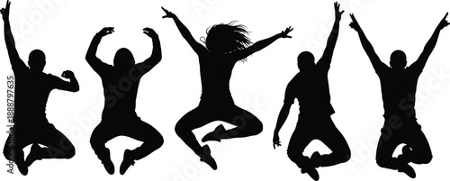 Jumping people silhouettes set, happy young men and women leaping in air, energetic group celebration icons, success vector, isolated black active figures,