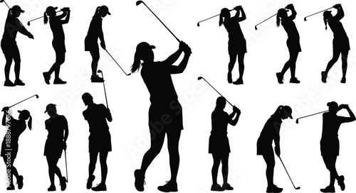 Set of black silhouettes of female golfer swinging club and hitting ball, isolated vector illustration for sport, championship, and women golf concepts