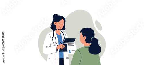 Flat vector illustration of a female doctor examining a patient with a stethoscope in a clinic or hospital room. Ideal for medical checkups and healthcare