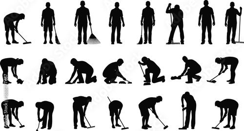 Set of black silhouettes of men cleaning, sweeping, mopping, and scrubbing, isolated vector illustration for janitorial service, housework, and hygiene concepts
