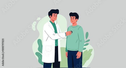 Flat vector illustration of a doctor examining a patient with a stethoscope in a clinic or hospital room. Ideal for medical checkups and healthcare