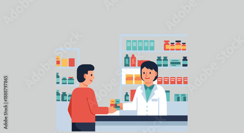 flat vector illustrations of a drugstore: a male pharmacist at the counter, shelves with medicine, and a pharmacy interior for healthcare designs.