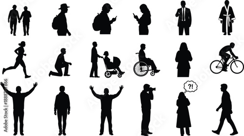 Large black silhouette vector collection of diverse people featuring athletes, office workers, parents with strollers, disabled individuals in wheelchairs, and commuters on white