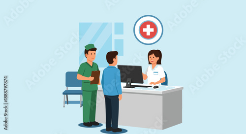Hospital visit, happy doctor and patient handshake at the front desk, checking appointment, Reception in hospital with patients. Hospital receptionist set flat vector modern illustration 