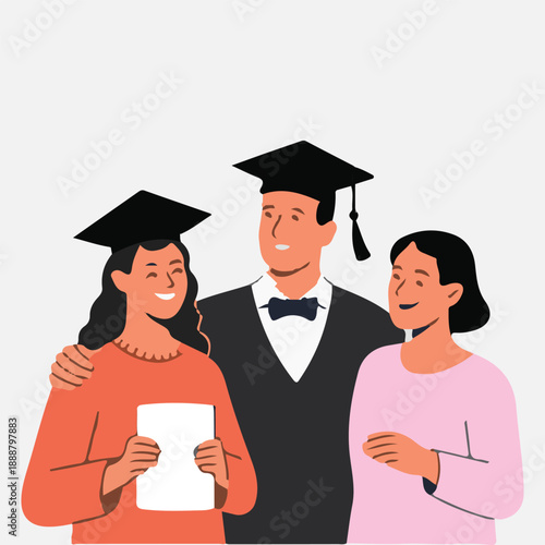 Group of smiling students wearing graduation gowns and caps celebrating academic success together