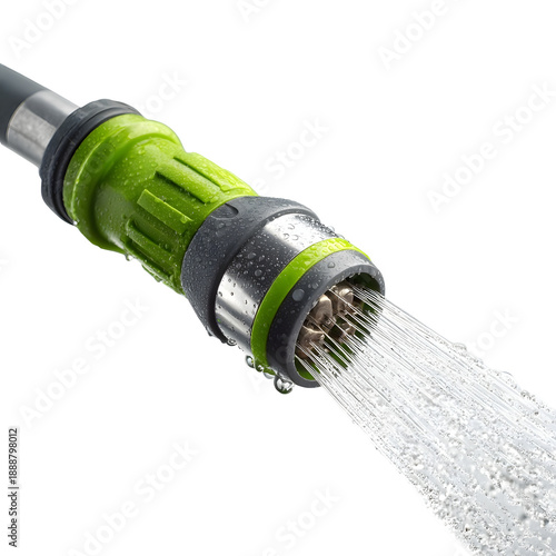 Wallpaper Mural A green and grey garden hose nozzle sprays a clear stream of water isolated on a white background Torontodigital.ca