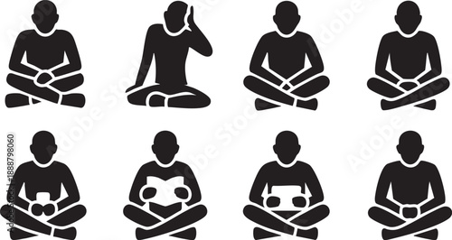Black Silhouette Men Meditating in Various Poses on White Background