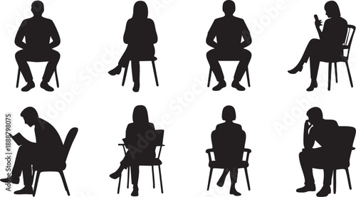 Silhouettes of People Sitting on Chairs Isolated on White Background