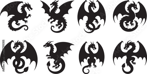 Black Dragons Silhouettes Flying on White Background