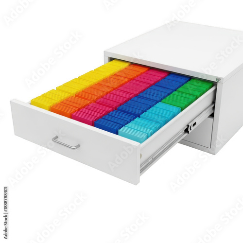 Open drawer with colorful file folders isolated on transparent background