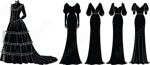 Set of ten elegant woman silhouettes wearing luxury evening gowns, high fashion cocktail dresses, and stylish summer hats for red carpet event design,