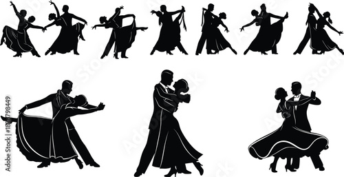 Large collection of elegant ballroom dance silhouettes in graceful poses, featuring couples in formal attire for performance, competition, and romantic event vector design,