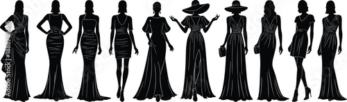 Set of ten elegant woman silhouettes wearing luxury evening gowns, high fashion cocktail dresses, and stylish sun hats for red carpet event design,