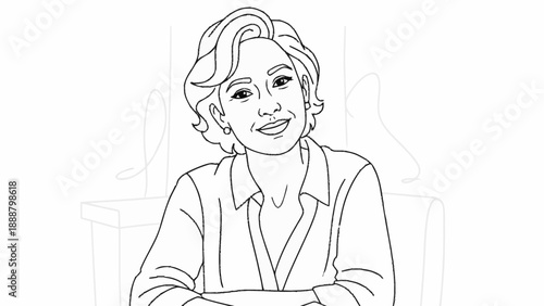 Smiling woman with short wavy hair wearing a collared shirt line art illustration.
