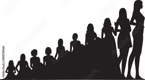 Silhouette of a group of women in various poses together