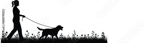 Silhouette of a woman walking her dog on a leash through a flower meadow, outdoor summer stroll vector illustration, pet owner lifestyle graphics