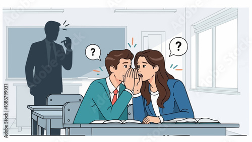 Students whispering secrets in classroom while teacher stands in background.