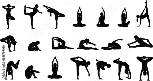Large collection of yoga poses silhouettes, woman practicing fitness exercises and meditation, healthy lifestyle workout positions, black vector illustration, isolated on white