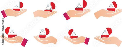Hand holding an open ring box clip art collection, marriage proposal or love concept, symbolize engagement or marriage proposals,  vector art.