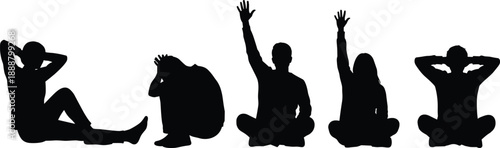 Silhouettes of diverse people sitting in various poses expressing different emotions, mental health awareness, group communication, stress, relaxation, and human behavior concept, isolated vector.