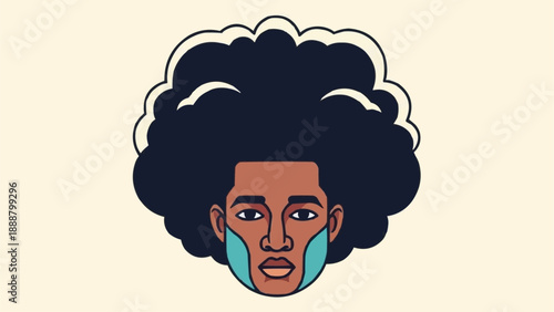 Stylized illustration of a person with large afro hair and facial markings.