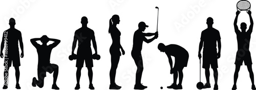 Silhouettes of diverse people engaged in various sports activities, including weightlifting, golf, tennis, and fitness training, healthy lifestyle and athletic exercise concept vector.