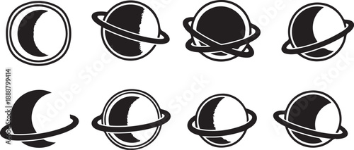 Black and White Planet Icons with Rings and Moons