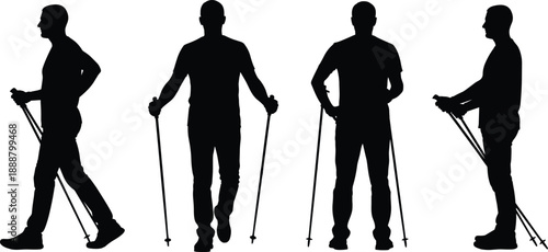 Silhouettes of men practicing Nordic walking with poles, active male hikers in different poses, outdoor fitness activity, healthy lifestyle concept, isolated vector illustration.