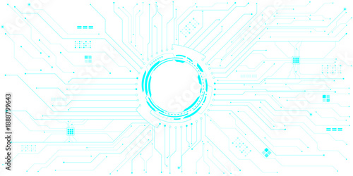 Glowing sci-fi portal with circuit board traces spreading across futuristic tech transparent background. futuristic technology background with white circle circuit wires on light blue motherboard.