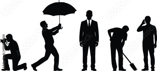 Silhouettes of people in various professional and daily life roles, including photographer, businessman, gardener, and umbrella carrier, isolated vector illustration for concepts.