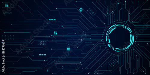 Glowing AI circuit portal with neon HUD elements and digital tech lines spreading across futuristic background. Technology science concept banner.