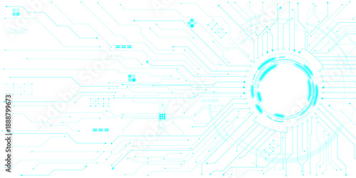 Glowing sci-fi portal with circuit board traces spreading across futuristic tech transparent background. futuristic technology background with white circle circuit wires on light blue motherboard.
