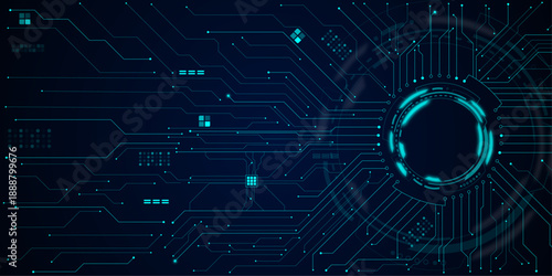 Glowing AI circuit portal with neon HUD elements and digital tech lines spreading across futuristic background. Technology science concept banner.