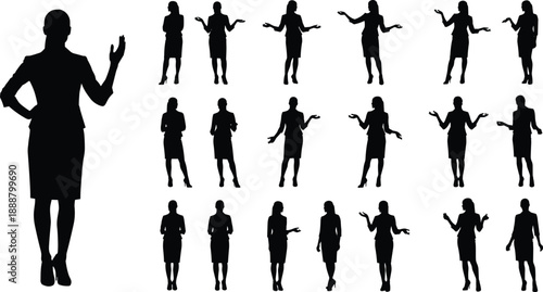 Silhouettes of professional businesswoman in various presentation poses, female executive standing and gesturing, corporate communication and leadership concept, isolated black vector icons set.