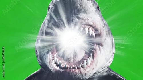 Green Screen great white shark swims to the camera slowly and open its jaws attacks audience scary megalodon with big jaw eats footage has a clean alpha channel in 4k res scene 2 distortion, overlay