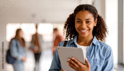 Engaging student using tablet in classroom educational environment portrait bright setting learning concept