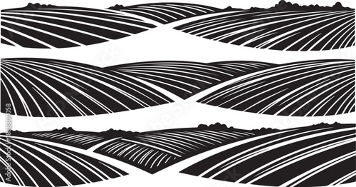 Black and white illustration of rolling hills and fields