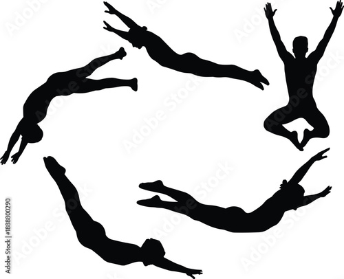 Male athlete jumping and flying silhouette set vector illustration, dynamic sports movement poses, acrobatic action figures, black isolated human body shapes collection